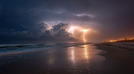 Dramatic lightning strike over a beach at twilight