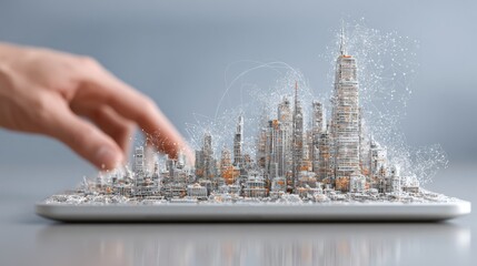 A hand hovers over a tablet displaying a 3D cityscape model, interconnected by orange lines, suggesting digital city planning or urban connectivity