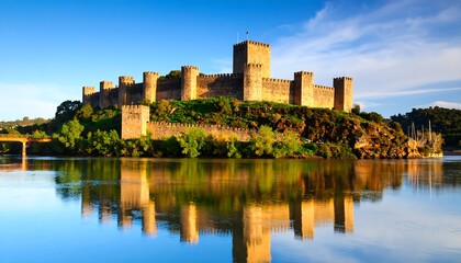 Ancient stone castle reflecting on calm water