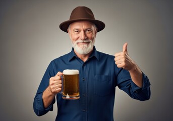 smiling senior man in hat holding glass of beer and showing thumbs up gesture on neutral background