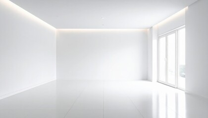 Bright and Minimalist White Room with Expansive Window and Gleaming White Floor Creating a Calm Atmosphere