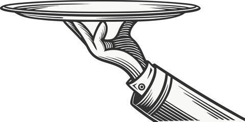 Vintage Butler Hand with Serving Tray Illustration – Elegant Waiter Style Line Art