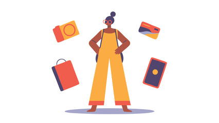 Woman in yellow jumpsuit surrounded by camera shopping bag credit card and smartphone items floating