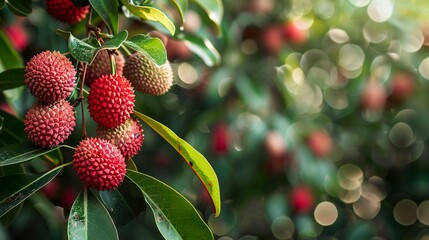 A photo of a lychee tree with red lychees.