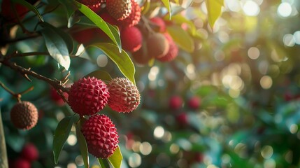 A photo of a lychee tree with red lychees.