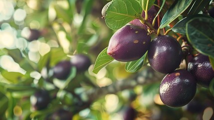 A photo of a mango steen tree with purple mango