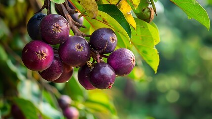 A photo of a mango steen tree with purple mango