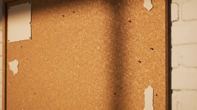 Old empty cork bulletin board on a white brick wall with torn paper and pinholes.