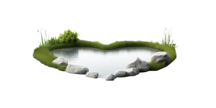 Serene heart shaped pond with stones and lush greenery surrounding calm water