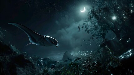 A photo of a manta ray at night