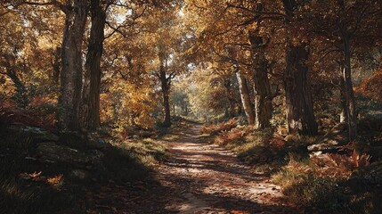 Obraz premium Sunlit path winds through autumnal woodland, dappled light filters through golden leaves on tall trees, mossy rocks and ferns line the way