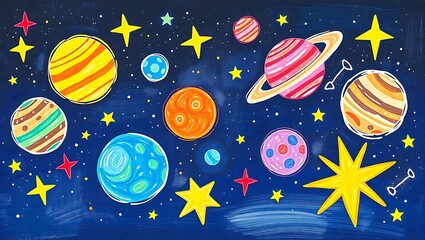Funky crayon drawn planets, asteroids, stars and constellations. Doodle outer space childish icons set. Crayon drawings of night sky or galaxy symbols. Childish cosmic illustration. Pencil texture