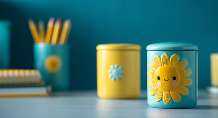 A desk with stationery and pencils in the colors of yellow, blue, and teal, including a pencil cup