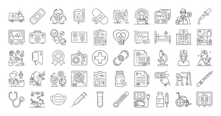 Healthcare and Medical Icon Set Featuring Symbols of Medicine and Treatment