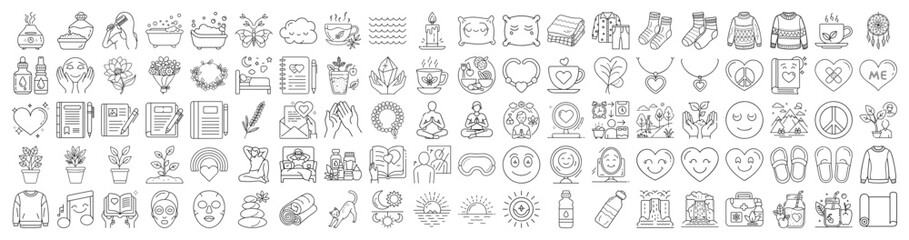 Collection of Line Art Icons for Self Care, Mindfulness, and Wellness