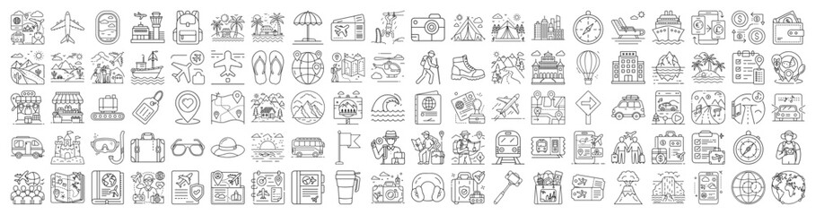 Extensive set of line art icons representing travel and tourism activities