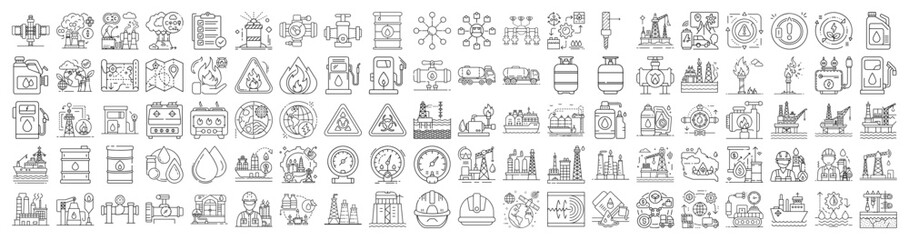 Collection of thin line icons representing petroleum industry elements and related processes