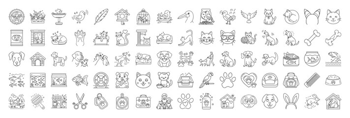 Line Art Icons Depicting Common Household Pets and Their Accessories Collection