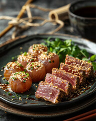 Sliced seared tuna with a sesame crust, arranged on a dark ceramic plate, garnished with glossy round brown soy sauce gel pearls. Plated in a refined Japanese setting with wooden textures.