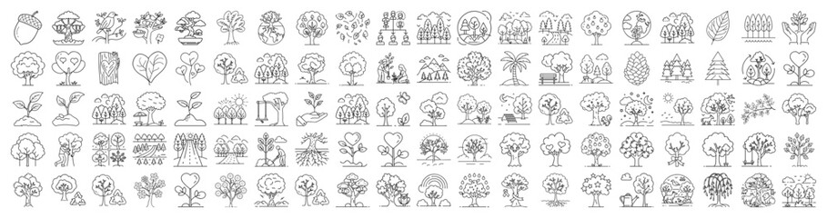 Collection of tree icons and nature elements in line art style