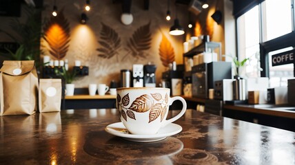 Coffee cup on a saucer with a spoon on a counter in a cafe with bags of coffee beans behind