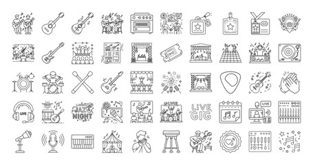 Icon set representing live music and entertainment event related elements