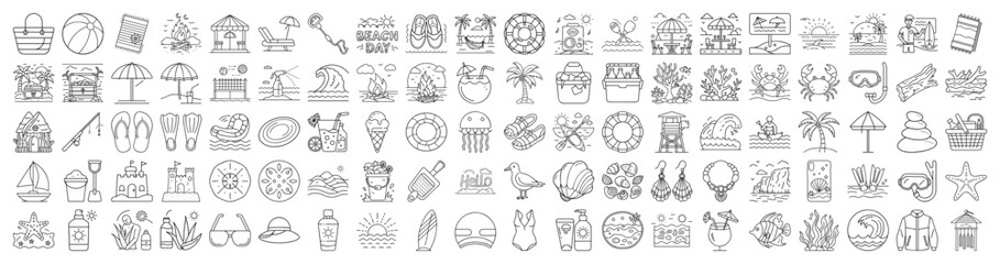 Black and White Outlined Summer Vacation Icons and Designs Collection Set