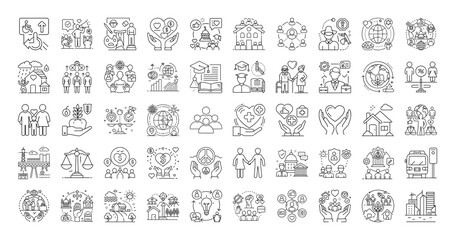 Collection of social responsibility, business ethics and sustainable development line icons