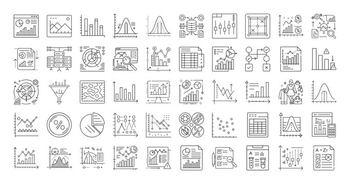 Various Data Visualization Icons Representing Analysis, Statistics, and Business Intelligence