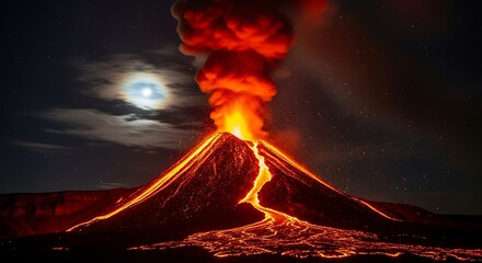Dramatic nighttime eruption of a glowing volcano with a bright moon and fiery lava flows illuminating the dark sky