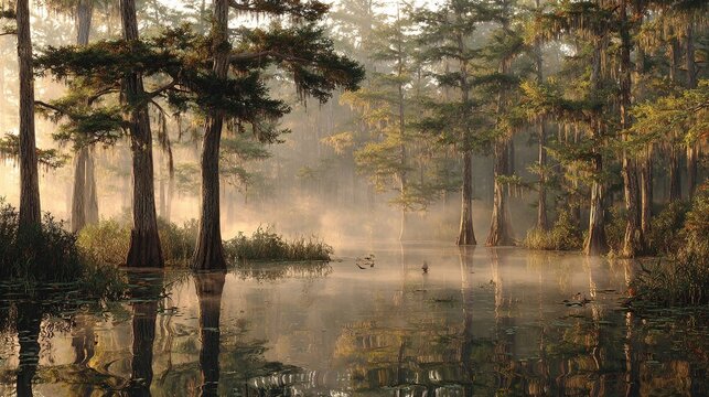 Misty sunrise over a tranquil swamp, showcasing tall cypress trees with their reflections mirrored in still water, sunlight filtering through the fog, creating a serene and ethereal atmosphere