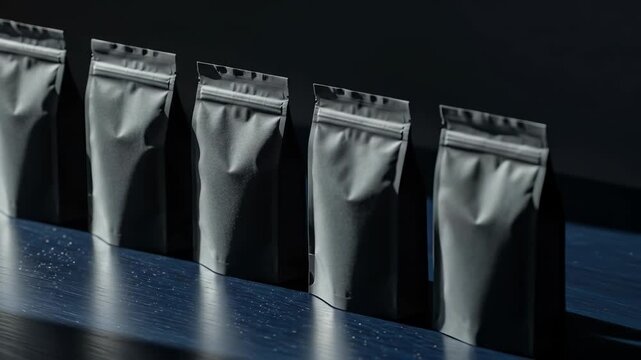 Packaging Array: A row of sleek, metallic pouches stands in perfect alignment, conveying a sense of modern design and seamless organization.