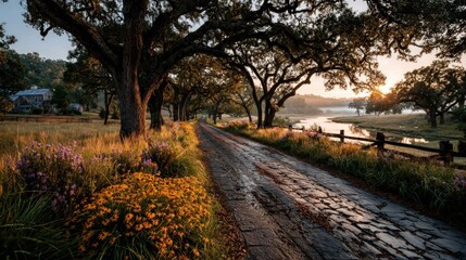 Naklejka premium A country lane lined with oak trees at sunrise, leading to a river. Flowers and tall grasses flank the road