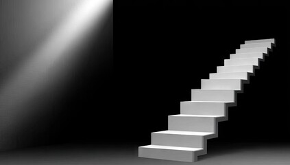 Fototapeta premium White stairs in a dark room lit by a spotlight.