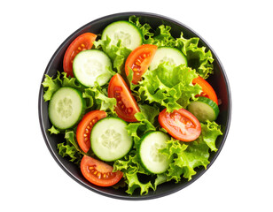 A fresh green salad bowl with tomatoes and cucumbers, top view, white and transparent background.