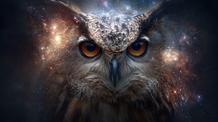 Owl with feathers made of glittering star clusters and cosmic light