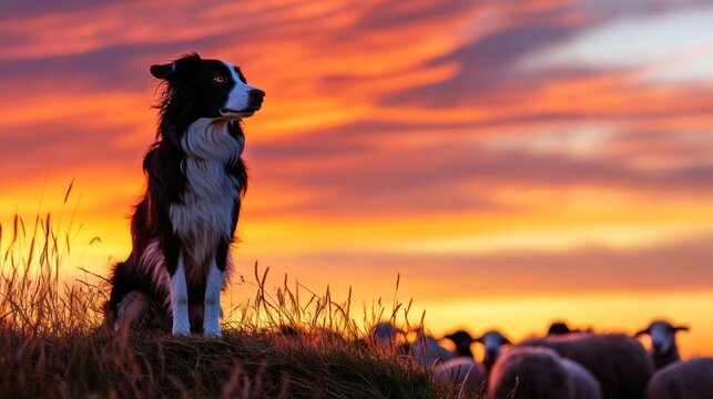 Vigilant border collie at sunrise overseeing its flock in rural landscape