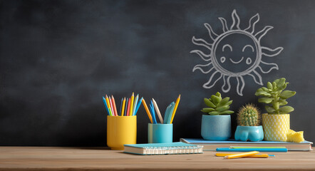 A desk with stationery and pencils in the colors of yellow, blue, and teal, including a pencil cup