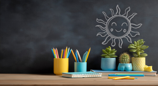 A desk with stationery and pencils in the colors of yellow, blue, and teal, including a pencil cup