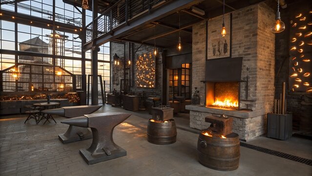 Interior view of a blacksmith workshop with anvils and a fireplace in an industrial building - Powered by Adobe