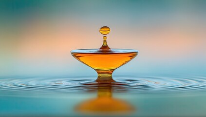 A golden liquid droplet poised above a shallow dish.