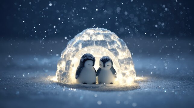 Penguins cuddling together under a glowing igloo surrounded by snowflakes