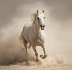 Obraz premium A beautiful white horse galloping through the dust, a professional photograph, horse,
