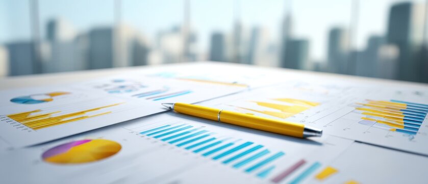 The vibrant analytical reports with charts and a pen on the office desk.