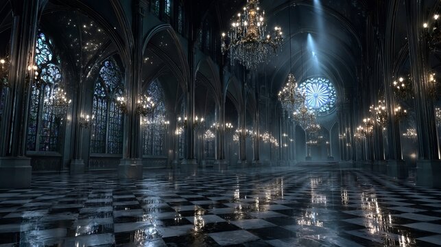 Majestic Gothic Cathedral Interior with Stained Glass Windows and Sunlit Rose Window Illuminating Polished Checkered Floor
