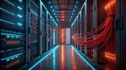 Modern data center with glowing servers and organized network cables in a secure server room