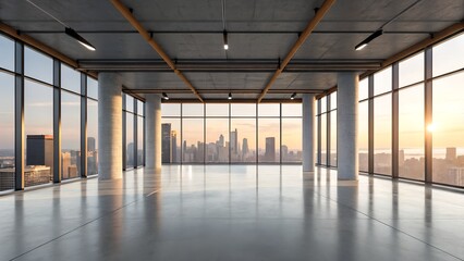 Spacious empty modern office with panoramic city skyline view at sunrise through large windows