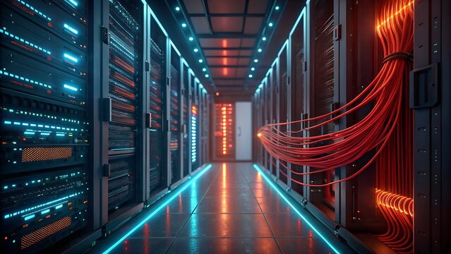Modern data center with glowing servers and organized network cables in a secure server room
