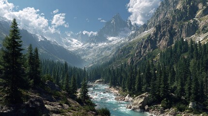 A sun-drenched mountain valley scene unfolds, showcasing a rushing river snaking through a verdant forest, flanked by towering snow-capped peaks under a partly cloudy sky