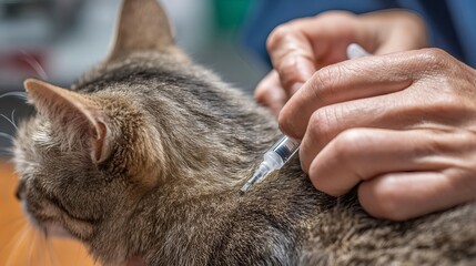 Close-up of a calm cat receiving a shoulder injection from a gloved hand